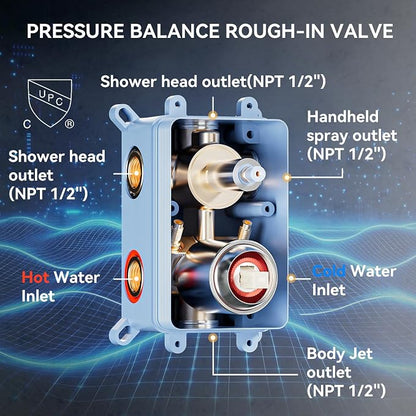 Brushed Nickel Shower System with Jets,Bostingner 4 Way Shower Faucet Set with 2 in1 Handheld,Ceiling Mount 12"+6" Rain Shower Head Wall Mounted, 4 Body Spray Jets Dual Head Shower Set