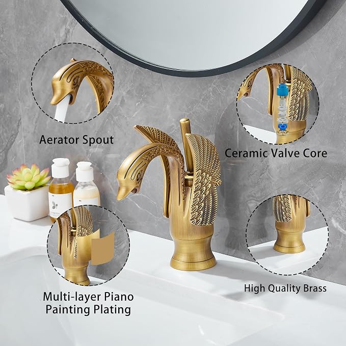 Bathroom Faucet Antique Brass Swan Single Handle One Hole Bathroom Vanity Faucet Basin Tap Deck Mount Lavatory