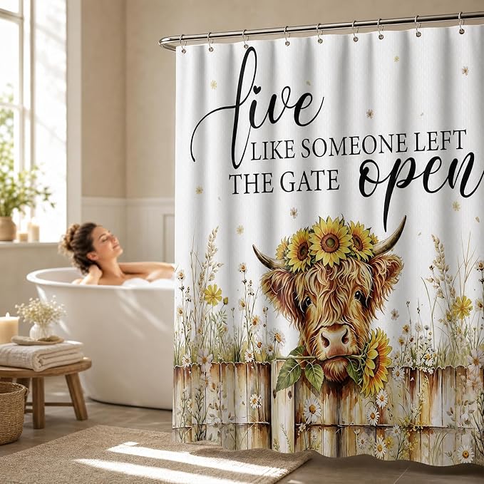Highland Cow Shower Curtain, Rustic Farmhouse Floral Bath Curtain | 72x72 Inches, Waterproof Polyester Fabric, Country Bathroom Decor for Home Decorations, Includes 12 Hooks