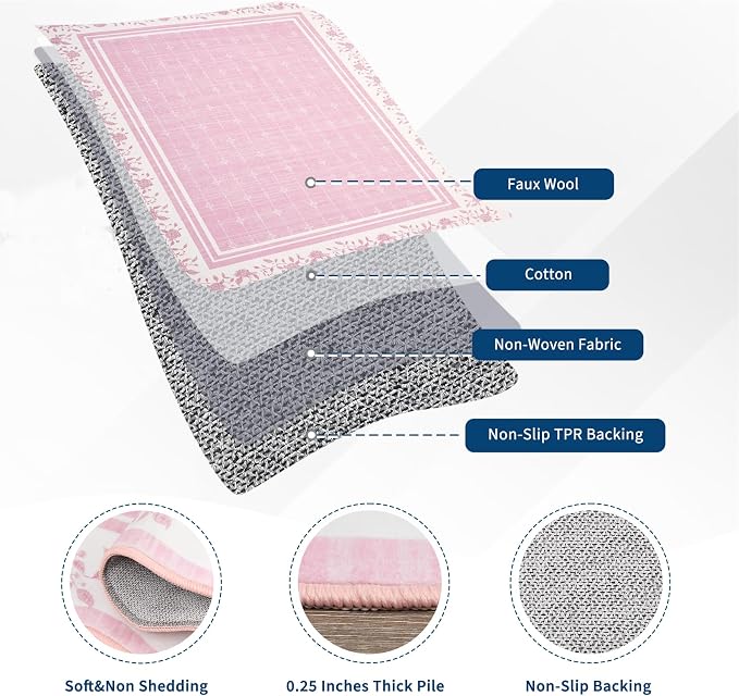 Garvee Scollaped Rugs for Living Room 5x7 Area Rugs for Bedroom Soft Pink | Non-Slip Low Pile Neutral Kids Rug Non-Shedding Bordered Nursery Carpet Foldable Thin Mat for Dining Room Kitchen Playroom
