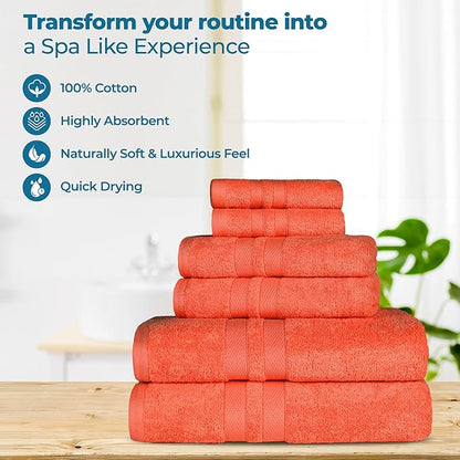 Superior Ultra-Soft Cotton Bath Towel Set, Quick-Dry, Absorbent, Shower, Spa Basics, Large Towels, Bathroom Sets, Bath Essentials, Solid, Double Line Dobby Border, 2 Pack, Set of 2, Tangerine Orange
