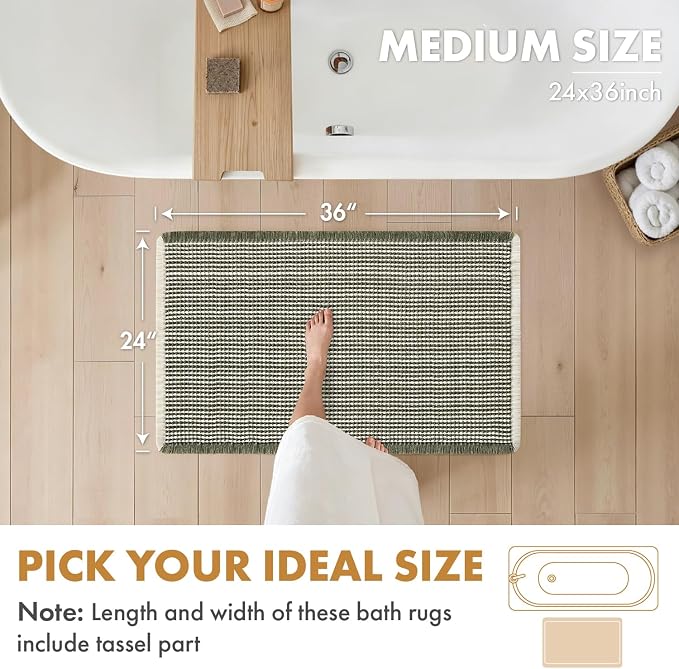 MIULEE Set of 2 Waffle Bathroom Rugs Boho Bath Mat Green&Cream 24x36 Inch | Non Slip, Super Absorbent, Washable, Ultra Soft, Rubber Backed, Large Bath Rugs for Bathroom Floor Tub Shower