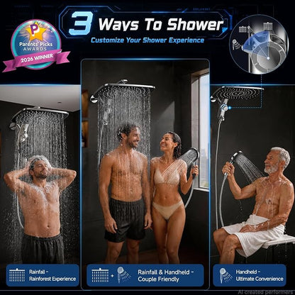Veken 14" Luxurious Shower Head with Handheld,Full Body Coverage,Power Wash | Magnetic Hand Held,Dual Rain Shower Heads Combo,Large Rainfall,Double Detachable Showerhead,Ducha Para Shower,Chrome,Sliver