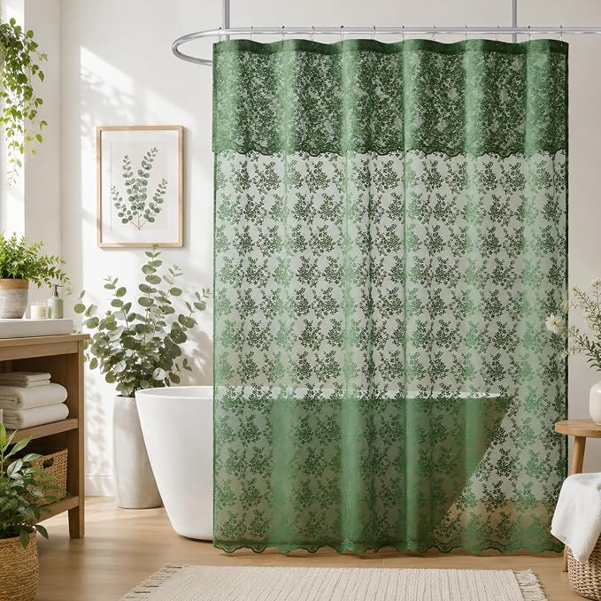 TUDECO Dark Green Shower Curtain for Bathroom, Delicate Lace, 72 x 72 | Forest Green Floral, Rustic Nature Decor, Attached Valance, Brightens Space, Semi- Privacy, Airy Summer Bath Curtain
