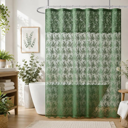 TUDECO Dark Green Shower Curtain for Bathroom, Delicate Lace, 72 x 72 | Forest Green Floral, Rustic Nature Decor, Attached Valance, Brightens Space, Semi- Privacy, Airy Summer Bath Curtain
