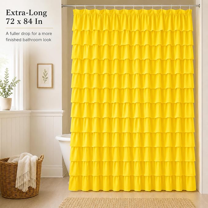 Yellow Shower Curtain for Bathroom, 72 x 84, Soft Ruffled Edge Detailing | Cascading Waterfall Ruffle Design, 72x84 inch, 7ft, 12 Hook Included, Machine Washable, Elegant Understated Farmhouse Style