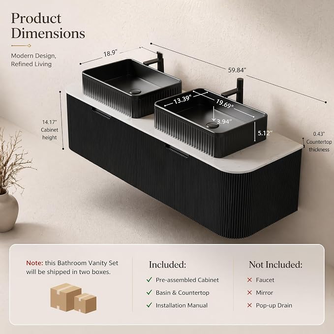 60 Inch Double Sink Bathroom Vanity, Floating Wall Mounted Cabinet, Black Curved Fluted Front, Stone Top, Dual Black Textured Rectangular Vessel Basins, Pre-Assembled