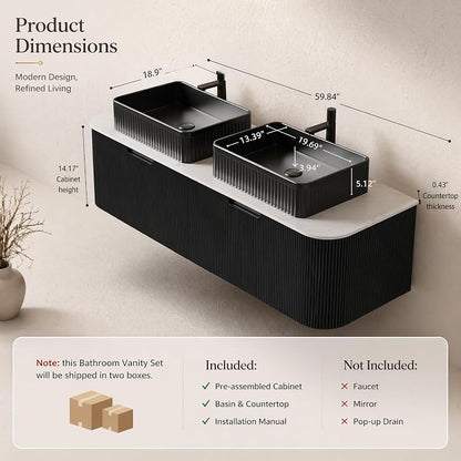 60 Inch Double Sink Bathroom Vanity, Floating Wall Mounted Cabinet, Black Curved Fluted Front, Stone Top, Dual Black Textured Rectangular Vessel Basins, Pre-Assembled