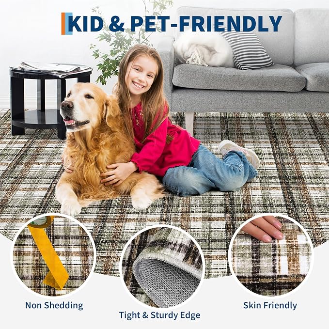 Washable Area Rugs 5x7 Rug for Living Room Modern Non Slip Throw Rugs Soft Bedroom Rug Non Shedding Low Pile Stain Resistant Carpet for Dining Room Nursery Classroom 5'x7' Celadon&Coffee
