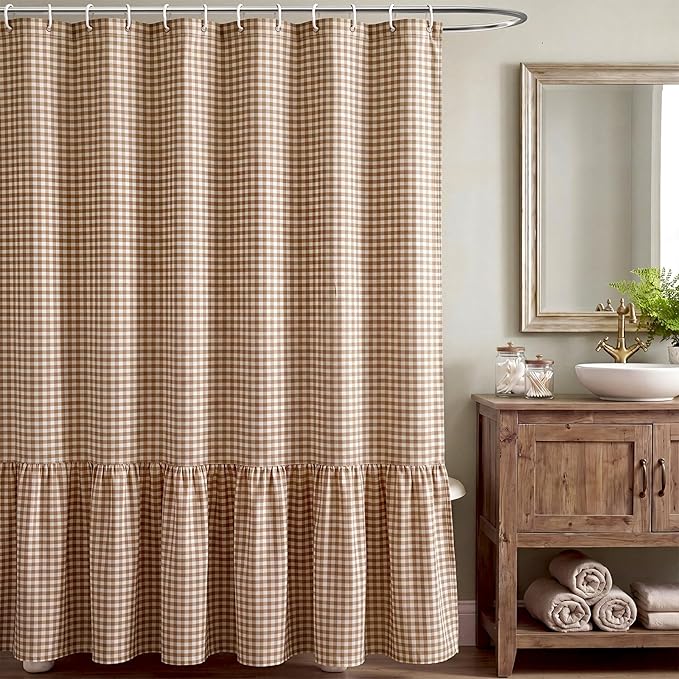 HunnmingRe Ruffle Hem Gingham Shower Curtain Taupe | 72'' x 72'' Vintage Farmhouse Curtain, Cotton Cottage Core Rural Checkered Plaid Decor, Fall Shower Curtain for Bathroom
