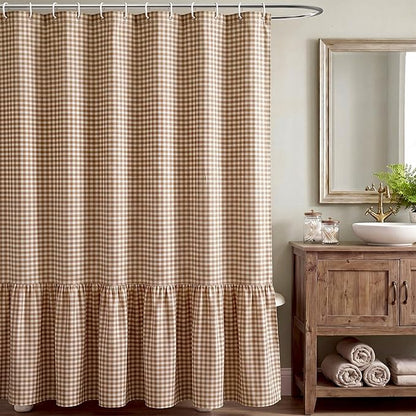 HunnmingRe Ruffle Hem Gingham Shower Curtain Taupe | 72'' x 72'' Vintage Farmhouse Curtain, Cotton Cottage Core Rural Checkered Plaid Decor, Fall Shower Curtain for Bathroom