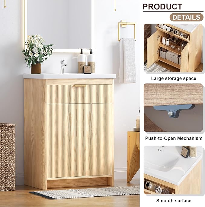 Bathroom Vanity with Sink, 24 Inch Single Bathroom Vanity with Sink with Storage Cabinet for Small Space, Freestanding Storage Bathroom Vanity with 2 Soft Closing Cabinets, Nature Wood