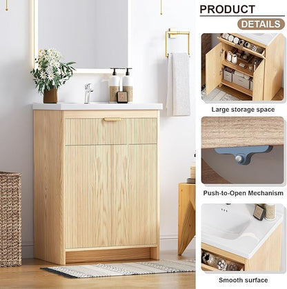 Bathroom Vanity with Sink, 24 Inch Single Bathroom Vanity with Sink with Storage Cabinet for Small Space, Freestanding Storage Bathroom Vanity with 2 Soft Closing Cabinets, Nature Wood
