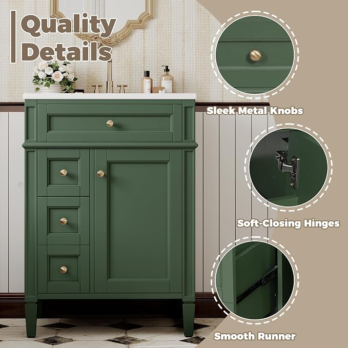 Merax 24 Inch Bathroom Vanity with Ceramic Sink, Solid Wood Frame Modern Bathroom Sink Storage Cabinet with 2 Drawers and a Tip-Out Drawer, Single Sink Bathroom Vanities, Green