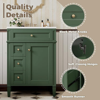 Merax 24 Inch Bathroom Vanity with Ceramic Sink, Solid Wood Frame Modern Bathroom Sink Storage Cabinet with 2 Drawers and a Tip-Out Drawer, Single Sink Bathroom Vanities, Green