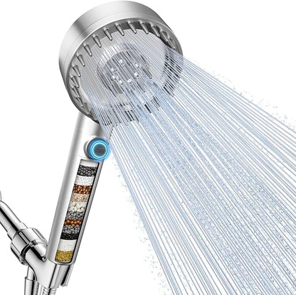 Filtered Shower Head with Handheld, High Pressure Showerhead with Filters | 4 Spray, ON/OFF Button for Pets, Detachable Shower Heads with Water Softener Filter Beads for Hard Water- Remove Chlorine