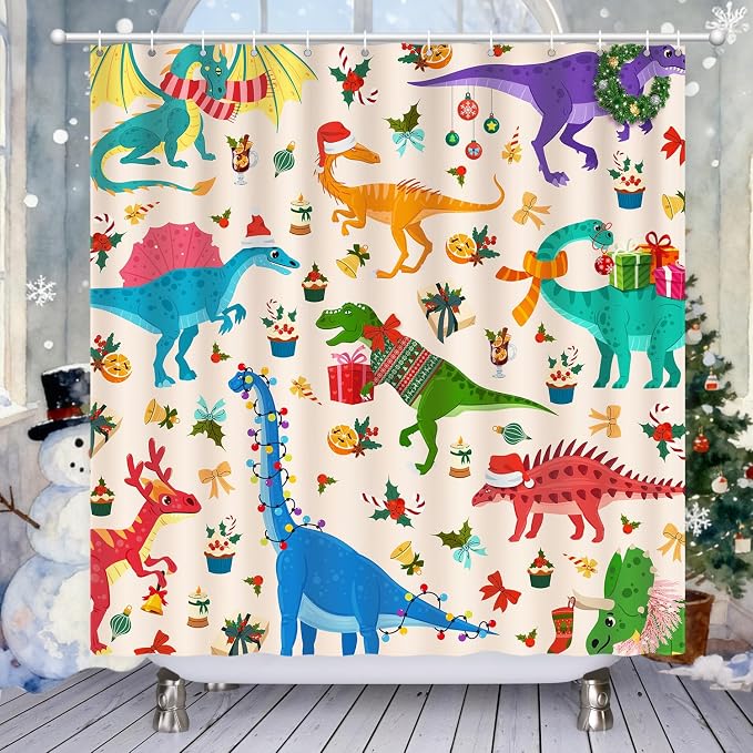 Shower Curtain Christmas, Kids Shower Curtain Santa's Hat Dinosaur Party Gift Box Cake Candy Jingling Bell String Light Xmas Theme Machine Washable Home Farmhouse Waterproof Decor Bathroom Curtain