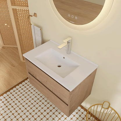 30 inch Floating Bathroom Vanity with Ceramic Sink, 30'' Wall Mounted Cabinet with 2 Soft-Closing Drawers, Space Saving for Small Bathroom, Modern Storage Cabinet, Brown Finish