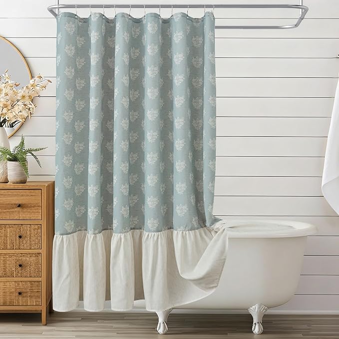 ORTIGIA Linen Textured Ruffle Shower Curtain with Metal Hooks, Blue Vintage Block Print Floral Boho Waterproof Bath Curtain for Rustic Farmhouse Bathroom Decor 72x72 Inch