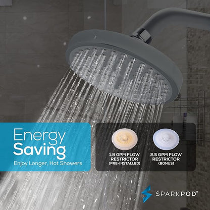 SparkPod 6" Rain Shower Head High Pressure w/ 6" Shower Arm, Charcoal Grey | High Pressure Shower Heads, 90 Nozzles, Adjustable Showerhead, No Tools Needed, Universal Connection, Gain Space & Style
