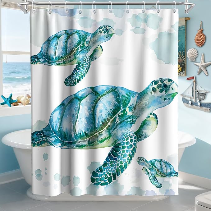 Ocean Coastal Nautical Shower Curtain, Tropical Turtle Luxury Shower Curtains for Bathroom Decor and Accessories, Waterproof Shower Curtain Set with Hooks, Machine Washable Fabric 60 x 72 inch Teal