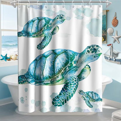 Ocean Coastal Nautical Shower Curtain, Tropical Turtle Luxury Shower Curtains for Bathroom Decor and Accessories, Waterproof Shower Curtain Set with Hooks, Machine Washable Fabric 60 x 72 inch Teal