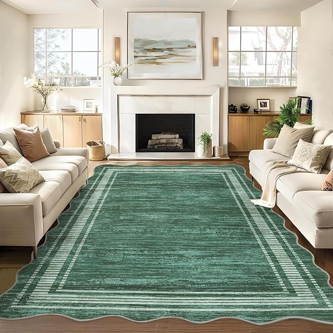 Garvee Scalloped Rug 10x13 Washable Area Rug for Living Room Green | Rugs for Living Room, Non-Slip Soft Carpet for Bedroom, Scalloped Low-Pile Solid Rug Accent Rug for Dining Room Home Office