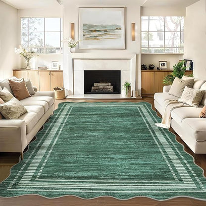 Garvee Scalloped Rug 10x13 Washable Area Rug for Living Room Green | Rugs for Living Room, Non-Slip Soft Carpet for Bedroom, Scalloped Low-Pile Solid Rug Accent Rug for Dining Room Home Office