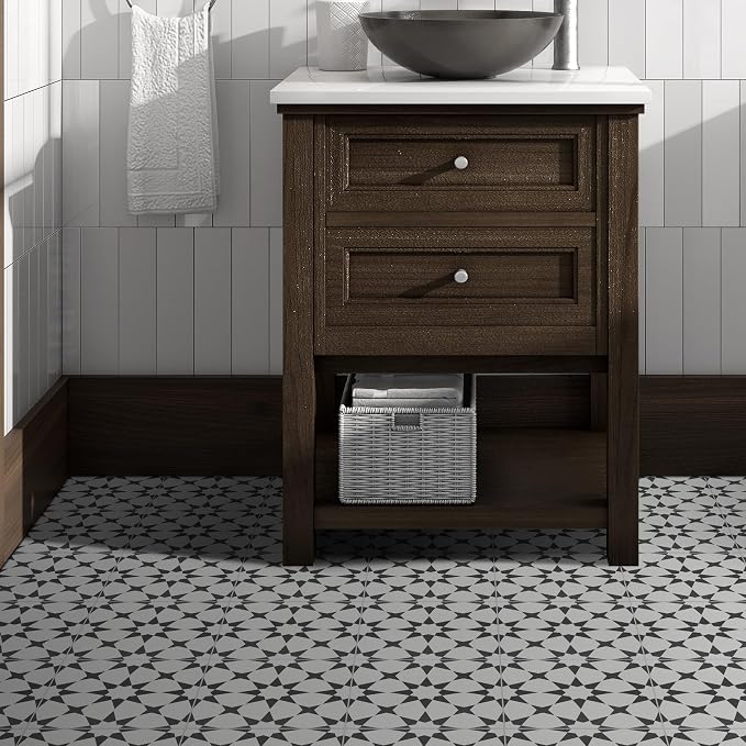 16-Sheet Peel and Stick Floor and Wall Tile for Bathroom Kitchen Shower, 9" x 9" Marrakech SPC Self-Adhesive Vinyl Flooring, Patterned Groutable Backsplash Tile, Cover 9.12 Sq Ft.