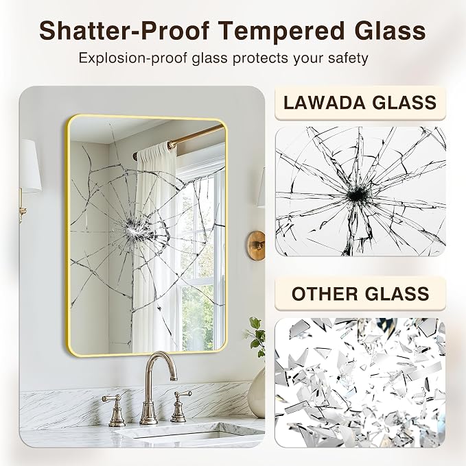Vanity Bathroom Mirror, 30”x20” Gold Bathroom Mirror for Over Sink | HD Tempered Glass, Anti-Rust Frame, Vertical or Horizontal, Wall Mirrors for Bathroom Sink, Living Room, Entryway, Bedroom