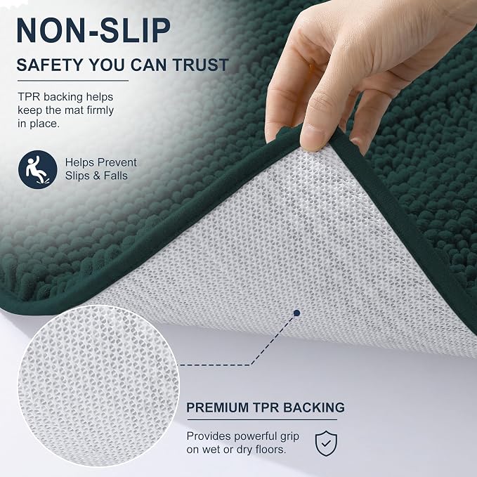 Smiry Thick Small Chenille Bathroom Rugs 24x16, Bath Mat, Blackish Green | Quick‑Dry & Machine Washable, Non‑Slip Bath Carpet, Soft Striped Bath Rugs for Tub & Shower, Modern Home Decor Accessories