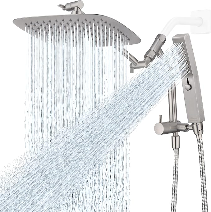 G-Promise 10 Inch All Metal Rain Shower Head with Handheld (Brushed Nickel) | Suits Every Height, Pause Mode Diverter, Massage Mode Handheld, Full Body Coverage, Easy to Install, Modern Bath Upgrade