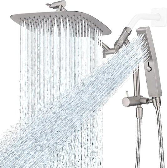 G-Promise 10 Inch All Metal Rain Shower Head with Handheld (Brushed Nickel) | Suits Every Height, Pause Mode Diverter, Massage Mode Handheld, Full Body Coverage, Easy to Install, Modern Bath Upgrade