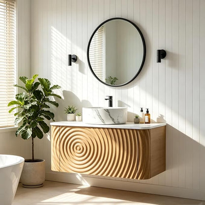 30" Floating Bathroom Vanity with Sink, Mid-Century Wall Mounted Bathroom Vanity Cabinet with Waved Decor, Marble Ceramic Basin, Sintered Stone Top, Soft Close Storage Drawer, Natural