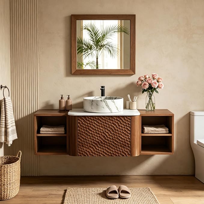 48 Inch Modern Bathroom Vanity with Ceramic Sink, Floating Bathroom Sink Cabinet with Sintered Stone Top&Solid Wood Hammered Frame, Single Bathroom Vanities w/Soft-Close Drawer&2 Side Open Cube