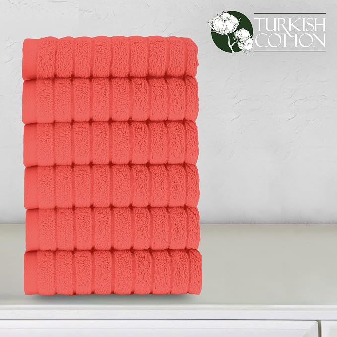 Elegant Comfort 100% Turkish Cotton Corduroy Ribbed Luxury Washcloths 6 Pack Soft 13 x 13 Inch - Higly Absorbent, Durable, Quick Dry, Spa Premium Hotel Quality for Bathroom or Travel, Coral