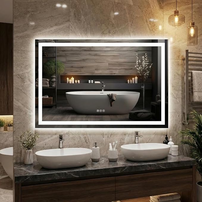 LED Bathroom Mirror 45 x 30 inch, Lighted Bathroom Vanity Mirror with Front Light and Backlit Ambient Light, Frameless Wall Mounted Mirror with Adjustable Color Temperature, 5mm HD Glass