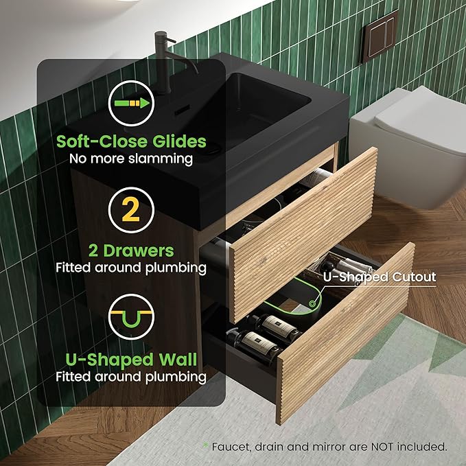 24 Inch Floating Bathroom Vanity with Black Sink, Modern Wall Mounted Floating Vanity with 2 Soft-Closing Drawers, Large Storage for Apartment, Hotel, Rough Oak