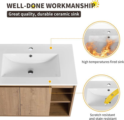 30 Inch Bathroom Vanity with Sink, Imitative Oak Modern Wall Mount Floating Vanity Set with Soft-Closing Door and Ceramic Basin, Contemporary Styling for Elegant Bathrooms