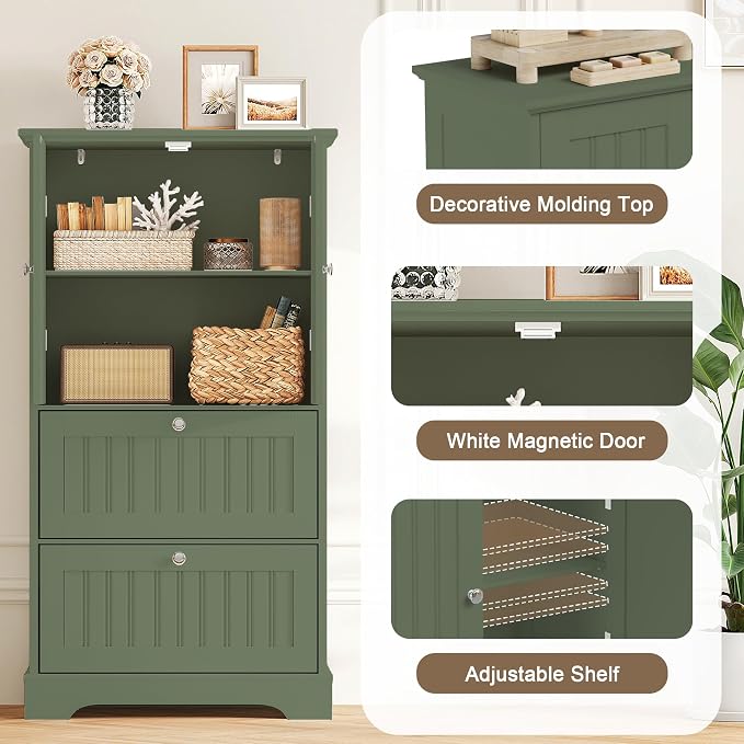 Treocho Bathroom Floor Cabinet with 2 Drawers and Adjustable Shelf | Bathroom Storage Cabinet, Freestanding Cupboard Pantry for Kitchen, Living Room, Dining Room, Green