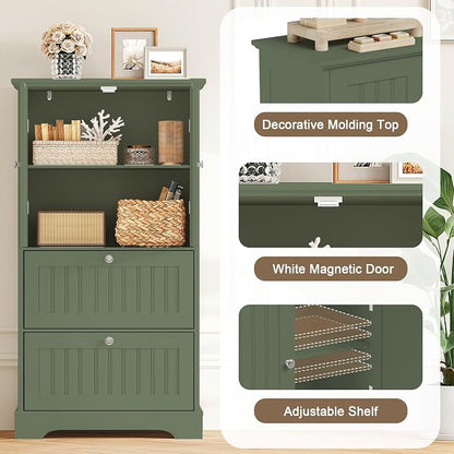 Treocho Bathroom Floor Cabinet with 2 Drawers and Adjustable Shelf | Bathroom Storage Cabinet, Freestanding Cupboard Pantry for Kitchen, Living Room, Dining Room, Green