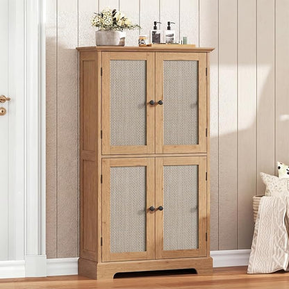 ChooChoo Bathroom Floor Cabinet with Adjustable Shelves | Bathroom Storage Cabinet, 4 Doors, Freestanding Cupboard for Living Room, Rustic Oak