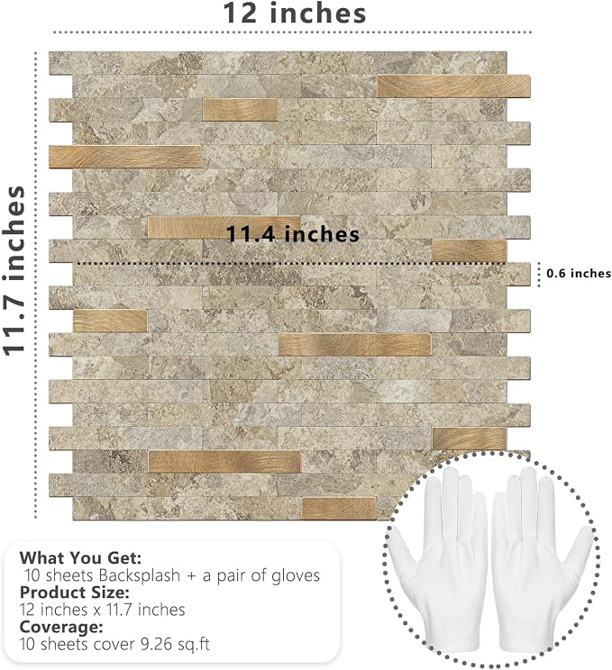 STICKGOO Peel and Stick Backsplash Tile, Stick on Backsplash for Kitchen and Bathroom, Stone Beige Marble Look PVC Mixed Metal Gold Self Adhesive Wall Tiles(10 Sheets)