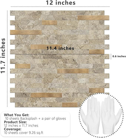 STICKGOO Peel and Stick Backsplash Tile, Stick on Backsplash for Kitchen and Bathroom, Stone Beige Marble Look PVC Mixed Metal Gold Self Adhesive Wall Tiles(10 Sheets)