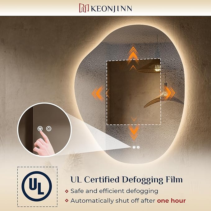 Keonjinn Asymmetrical Backlit Mirror 30x36 Inch, Irregular LED Bathroom Mirror, Lighted Bathroom Mirror with 3 Colors, Stepless Dimmable, Anti-Fog, Frameless Lighted Vanity Mirror(Horizontal/Vertical)