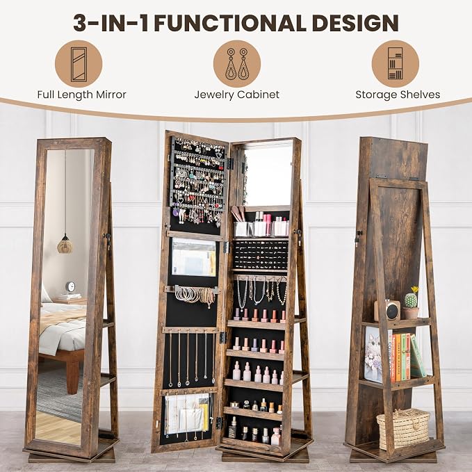 CHARMAID 3-in-1 Jewelry Armoire with Full Length Mirror, 360° Swivel Lockable Jewelry Cabinet with Shelves, Freestanding Mirror Organizer for Earrings, Necklaces, Rings, Makeup (Vintage Brown)