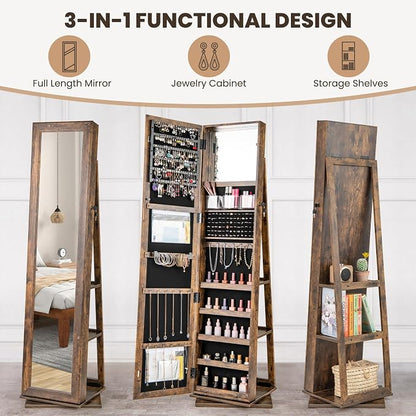 CHARMAID 3-in-1 Jewelry Armoire with Full Length Mirror, 360° Swivel Lockable Jewelry Cabinet with Shelves, Freestanding Mirror Organizer for Earrings, Necklaces, Rings, Makeup (Vintage Brown)