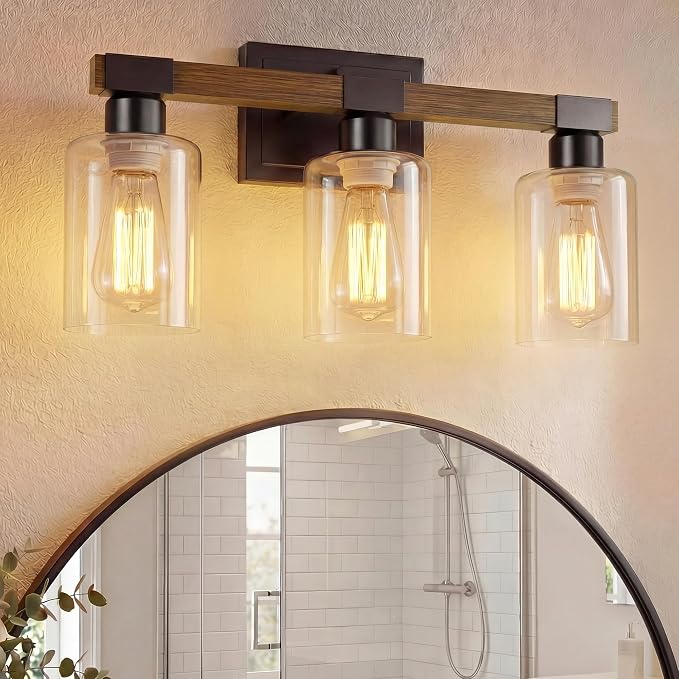 VOLISUN Farmhouse Bathroom Vanity Light Fixtures,3 Light,UL Certificated | 3 Light Bathroom Vanity Lights Over Mirror, Rustic Vanity Light for Bathrooms,Wood Bathrooms Lights Fixtures Over Mirror