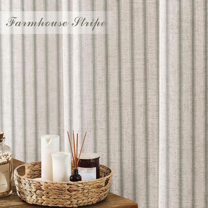 Farmhouse Striped Shower Curtain Sage Green Vintage Linen Curtain 72W X 72L | Striped Shower Curtains with Linen Texture for Bathroom Decor