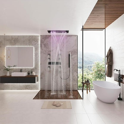 CASAINC 35x16 Inch Thermostatic Shower System Luxury 6 Functions Full Body Shower System, Multifunctional Shower Jets System with Sliding Rod 2 in 1 Handheld, LED & Music (Matte Black)